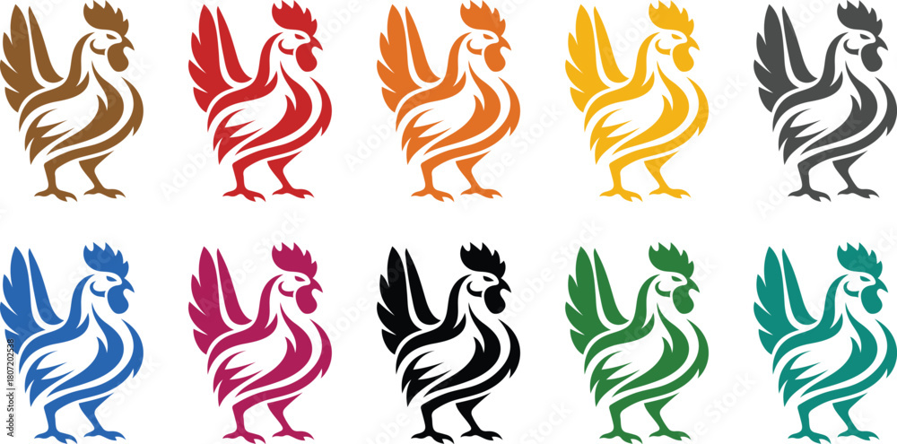 Fototapeta premium Colorful stylized roosters in a line chicken art, Multicolor rooster bird icons for design