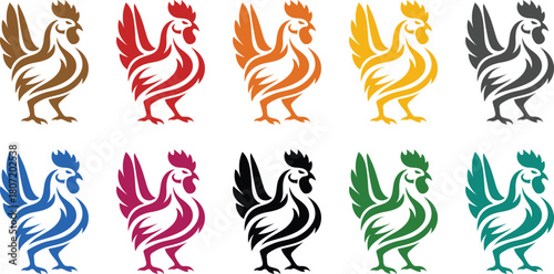 Colorful stylized roosters in a line chicken art, Multicolor rooster bird icons for design