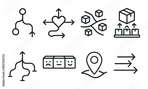 Abstract symbols: navigation, emotions, packaging, algorithms on gradient background
