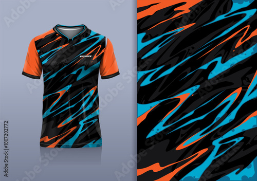 T-shirt mockup abstract texture grunge sport jersey design for football, soccer, racing, esports, running, black orange blue color