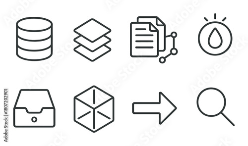 Database icons: storage, layers, documents, analytics, search, navigation, files