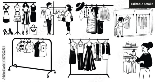 Set of 7 hand-drawn clothing store and shopping illustrations. Doodle fashion retail and clothes rack vector set.