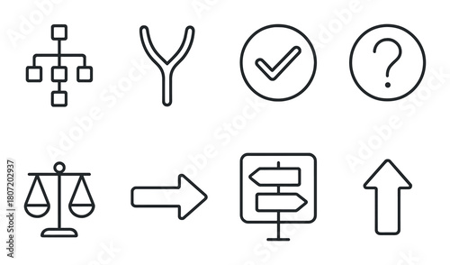 Set of monochrome icons: flowchart, decision, checkmark, question, balance, arrow, directions, upward