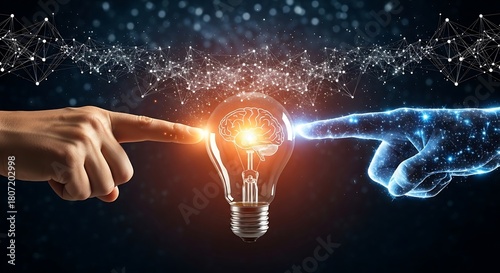 Human and ai collaboration ignites innovation with a glowing lightbulb