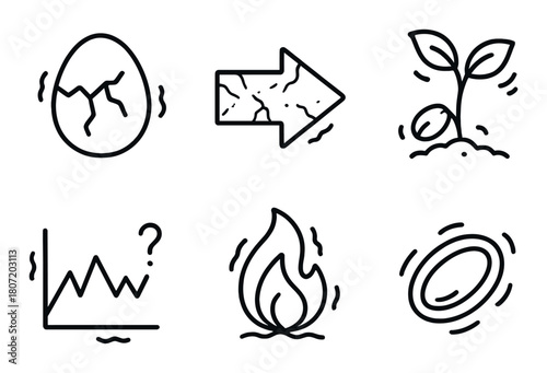 Abstract line icons: egg, arrow, seedling, chart, flame, circle on dark background