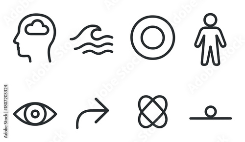 Abstract symbols on dark background: brain, waves, circle, human, eye, arrow, atom, balance