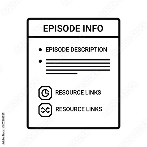 Episode information card with description and resource links, isolated on