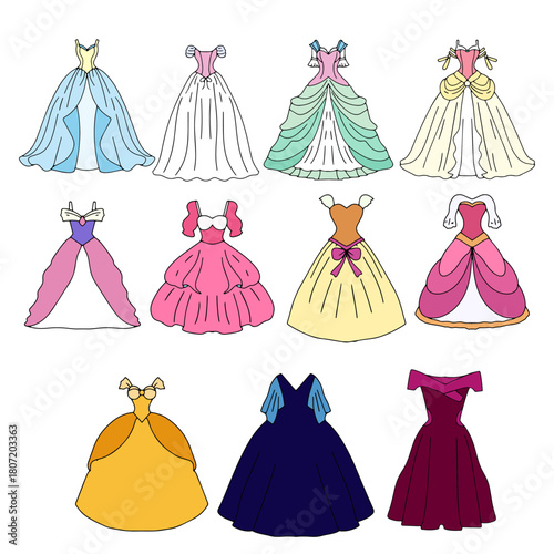 Various Princess Gowns A Collection of Elegant and Detailed Dress Designs for Fashion and Fantasy