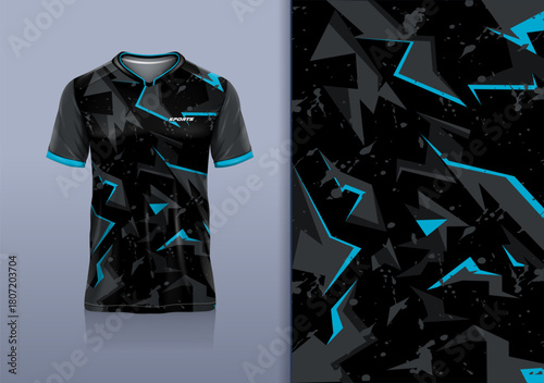 T-shirt mockup with abstract stripe lines grunge sport jersey design for football, soccer, racing, esports, running, in black blue color