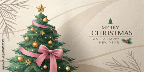 Minimalist Christmas card featuring a decorated green tree with gold ornaments and a pink ribbon, set against a soft beige background with “Merry Christmas and a Happy New Year” festive greeting text.