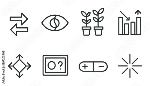 Minimalist icon set: arrows, binary, plants, graph, expand, info, adjustment, starburst
