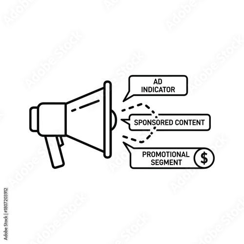 Megaphone with speech bubbles indicating ad indicator, sponsored content, and promotional segment isolated on