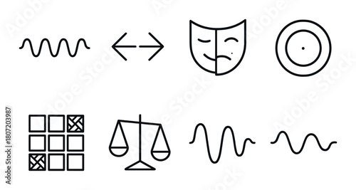 Abstract symbol collection: waves, masks, scales, arrows, grids, and targets