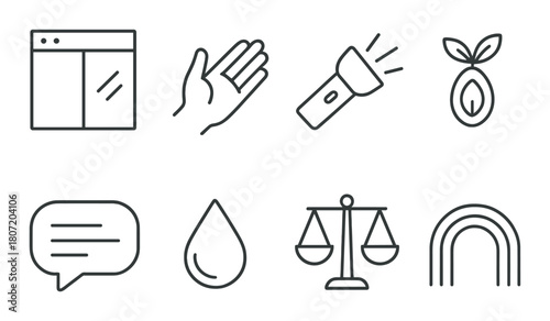Simple line icons set with hand, flashlight, seedling, and balance scale