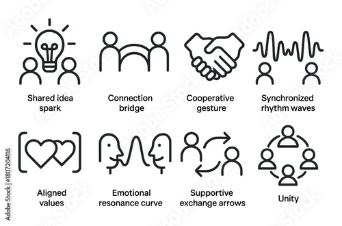 Pictogram set illustrating connection, cooperation, synchronization, and unity concepts