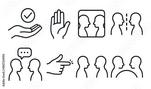 Minimalist line illustrations of communication and interaction symbols on black background