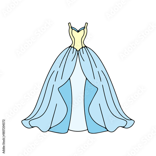 Elegant light blue flowing ball gown with a fitted bodice and voluminous skirt, perfect for formal events
