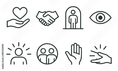 Set of line icons: heart, handshake, eye, person, gesture, social interaction