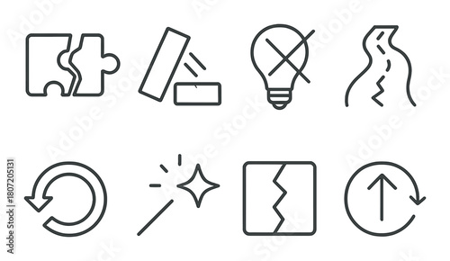 Set of eight minimalistic dark gray problem-solving icons