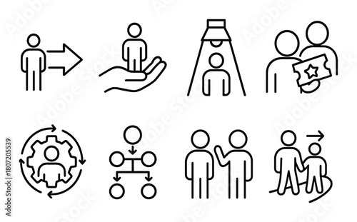 Icons illustrating teamwork and leadership concepts in a minimalistic style
