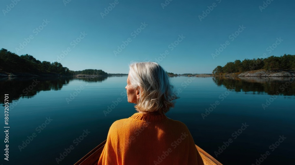 Fototapeta premium Elderly woman with white hair, wearing an orange sweater, sitting in a wooden boat and looking out over a calm lake. the woman is facing away from the camera, with her back towards the horizon.