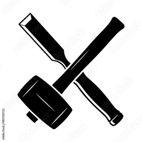 Crossed Mallet and Chisel Woodworking Tools Black and White Illustration.