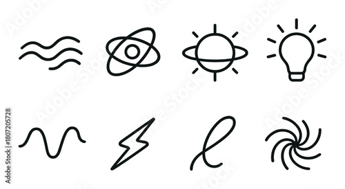Set of eight science icons: atom, lightbulb, wave, energy, orbit, and more
