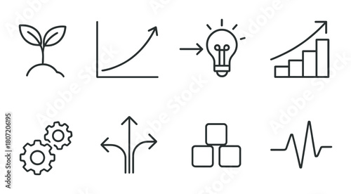 Simple black and white illustrations of growth, innovation, and process concepts