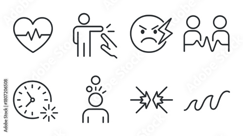 Monochrome icon set: emotions, health, time, conflict, energy