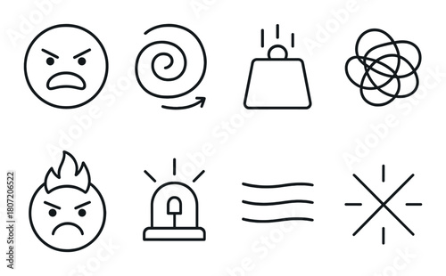 Abstract symbols with angry emojis and swirled patterns on black gradient