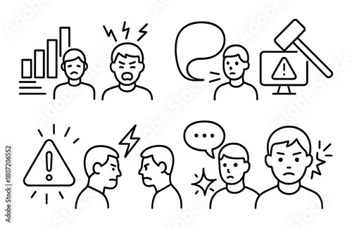 Conflict resolution: young male illustrations with anger and communication symbols