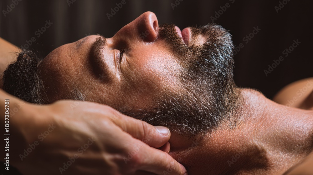 Obraz premium Therapist giving neck rub to man at spa