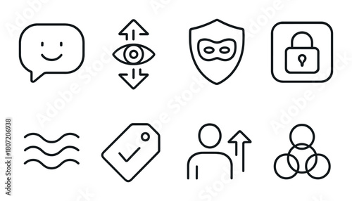 Minimalist icon set featuring privacy, messaging, and security symbols on dark background