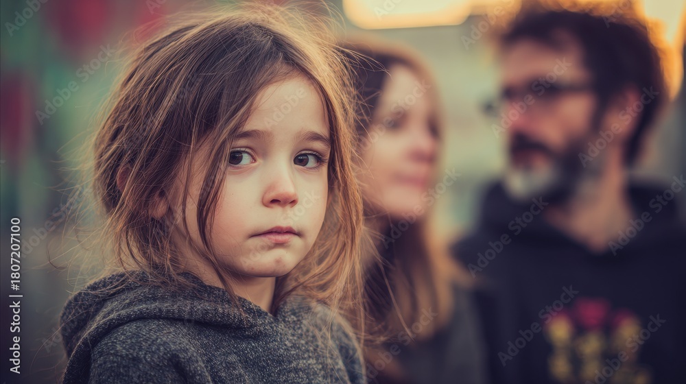 Fototapeta premium Unhappy girl with her parents in an outdoor setting