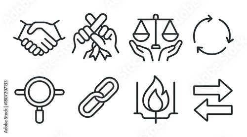 Business and ethical symbols: justice, partnership, renewal, integrity icons on black