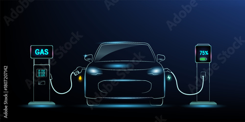 Electric car ev charger power plug on a digital gas pump icon at a station for fuel and energy connection, vector illustration
