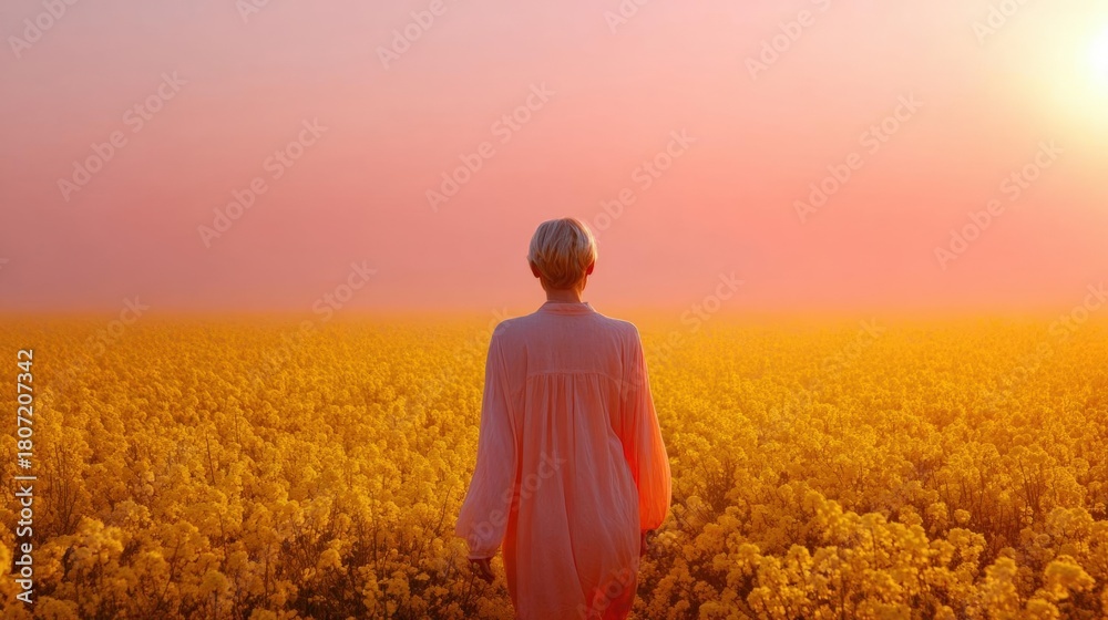 Fototapeta premium Person standing in the middle of a vast field of yellow flowers. the person is wearing a long white dress and has short blonde hair.
