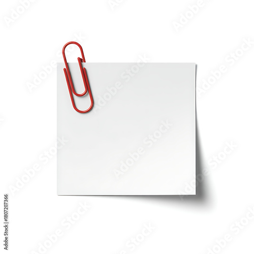 A red paperclip holding a white square sticky note isolated on white background