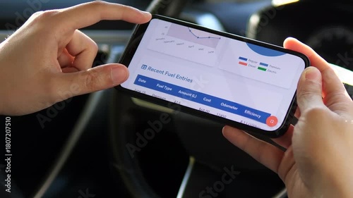 A driver uses his smartphone to study detailed analytics of his fuel consumption patterns. This clip captures the modern approach to car ownership, where data is used to optimize costs and understand