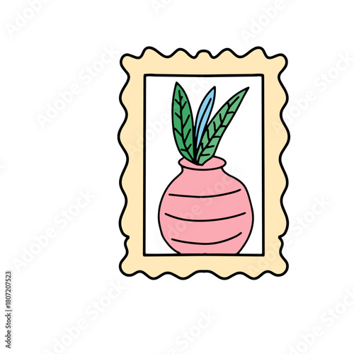 A charming hand-drawn illustration of a houseplant in a pink striped pot, enclosed within a decorative yellow scalloped frame