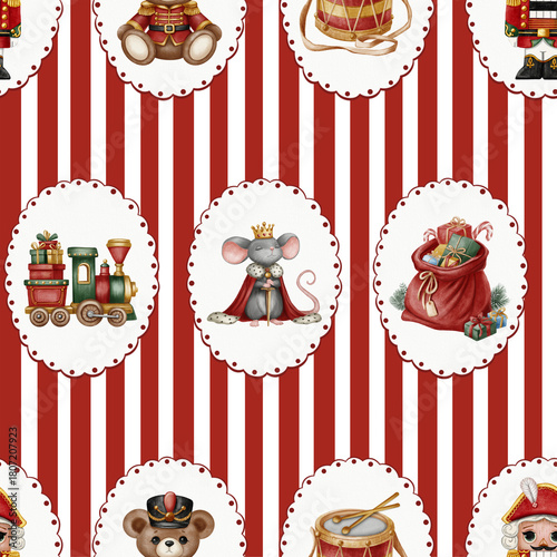 Seamless pattern The Nutcracker—the Mouse King, toys, gifts, a drum, a train—in an oval frame on red stripes, drawn in a soft watercolor style. Perfect for festive textiles and wrapping paper.