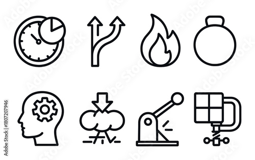 Abstract industrial icons: clock, arrows, flame, stopwatch, gear head, cloud, lever, clamp