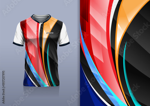 T-shirt mockup with abstract curve lines sport jersey design for football, soccer, racing, esports, running, in red orange blue black color