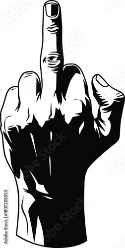 Hand showing middle finger, rude gesture, black and white illustration, offensive sign, obscene symbol, vector graphic design, rebellion concept.