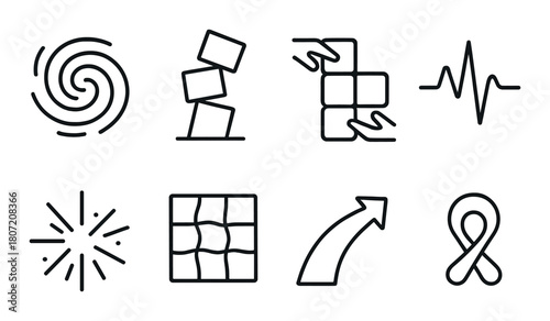 Abstract geometric icons with spiral, stacked blocks, and waveforms