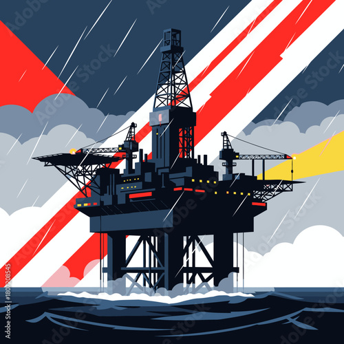 Stylized vector illustration of an offshore oil rig platform in a stormy sea, with bold colors and dynamic lines, representing the energy industry.