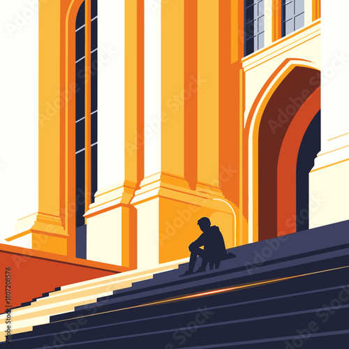 A stylized illustration depicts a solitary figure sitting on the steps of a grand, sunlit architectural structure, evoking a sense of contemplation and solitude.