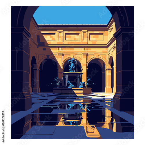 A digitally illustrated courtyard featuring a central fountain and arched walkways, bathed in contrasting shadows and light, creating a serene atmosphere.
