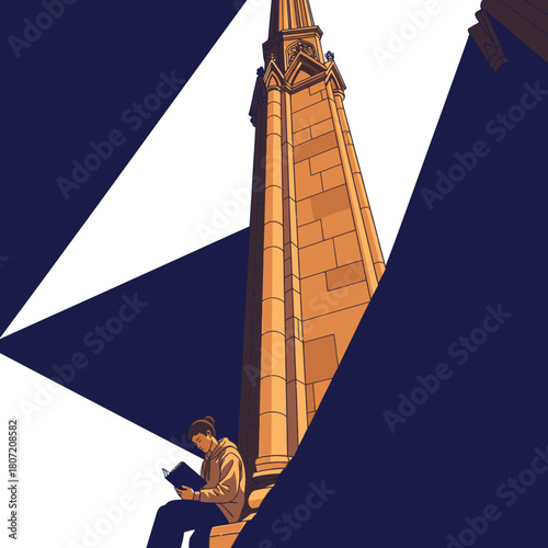 A stylized illustration depicts a person engrossed in reading beneath the shadow of a towering architectural structure, bathed in contrasting light and shadow.
