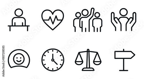 Minimalist black icons: healthcare, community, justice, direction, time, happiness